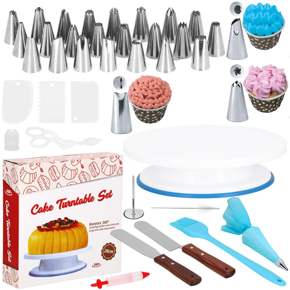 Set patiserie cu platou rotativ, 37 piese cu sabloane pentru ornarea prajiturilor Household NewTrend