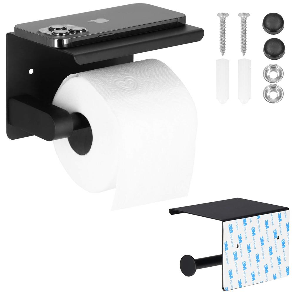 Suport hartie igienica din otel cu raft depozitare, prindere fara gaurire, 14cm, negru Household NewTrend