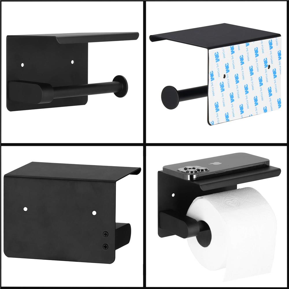 Suport hartie igienica din otel cu raft depozitare, prindere fara gaurire, 14cm, negru Household NewTrend