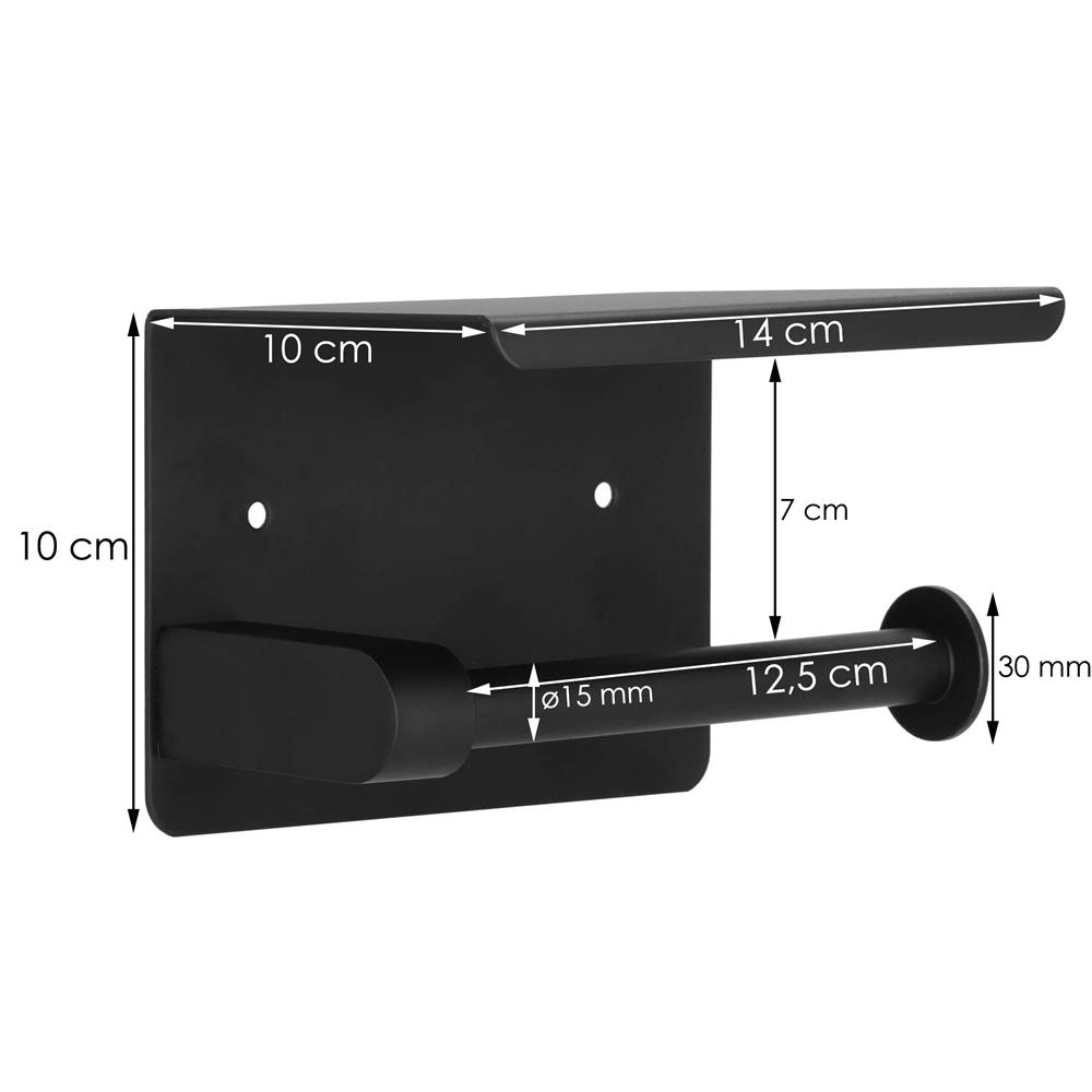 Suport hartie igienica din otel cu raft depozitare, prindere fara gaurire, 14cm, negru Household NewTrend