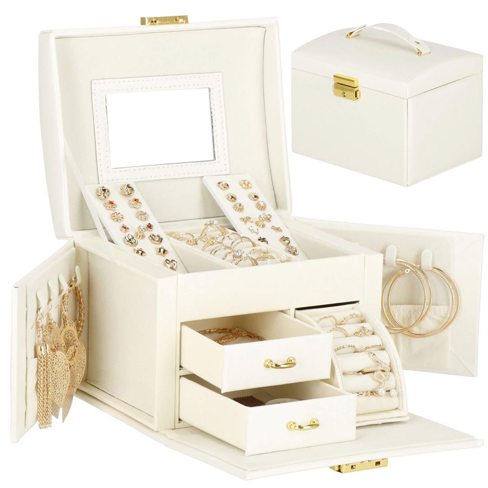 (DL) Cutie depozitare si organizare bijuterii, MDF, piele ecologica, 17,5 x 12 x 13,5 cm., crem Household NewTrend