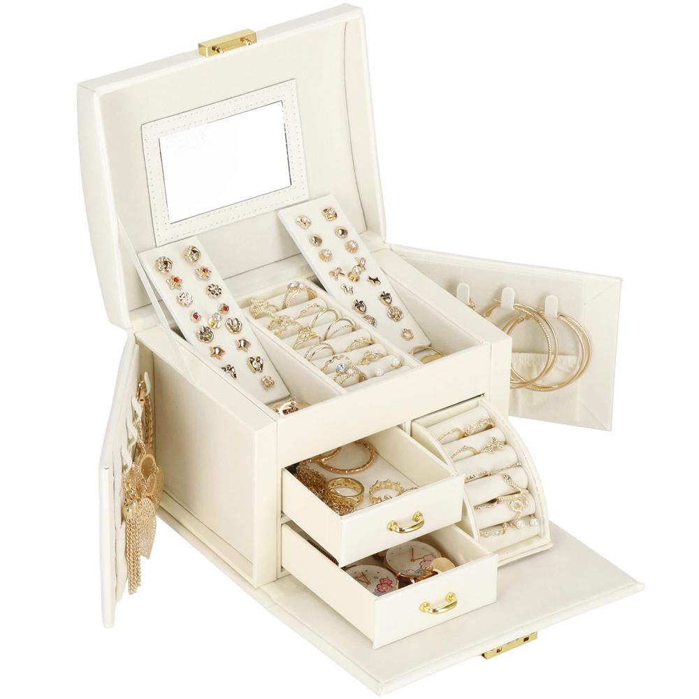(DL) Cutie depozitare si organizare bijuterii, MDF, piele ecologica, 17,5 x 12 x 13,5 cm., crem Household NewTrend