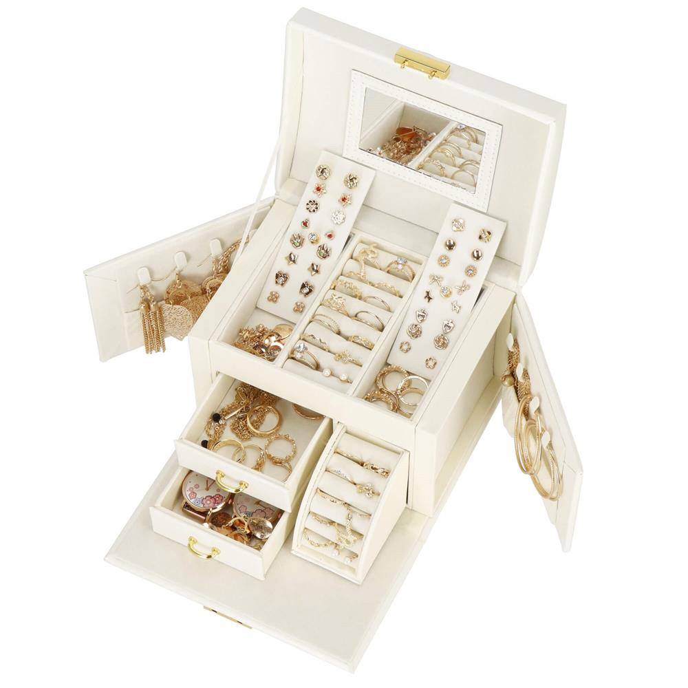 (DL) Cutie depozitare si organizare bijuterii, MDF, piele ecologica, 17,5 x 12 x 13,5 cm., crem Household NewTrend