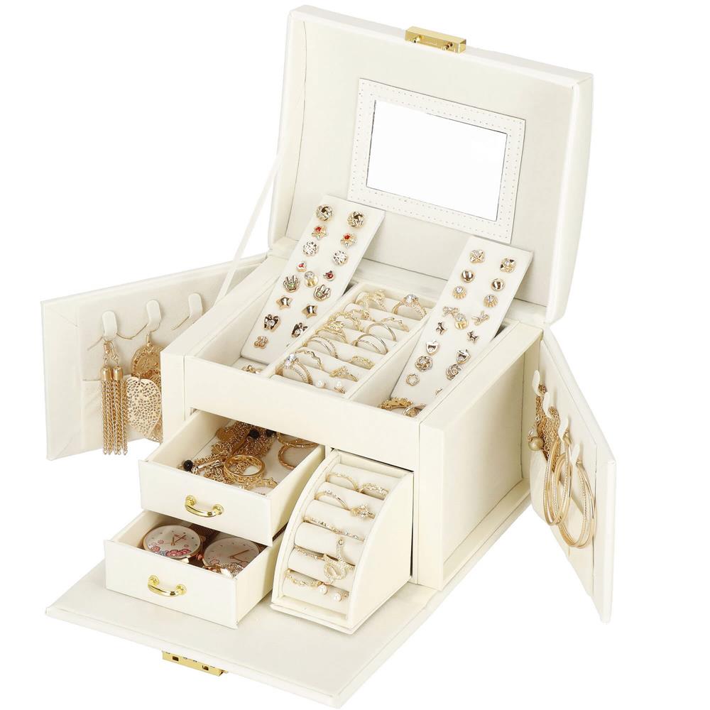 (DL) Cutie depozitare si organizare bijuterii, MDF, piele ecologica, 17,5 x 12 x 13,5 cm., crem Household NewTrend