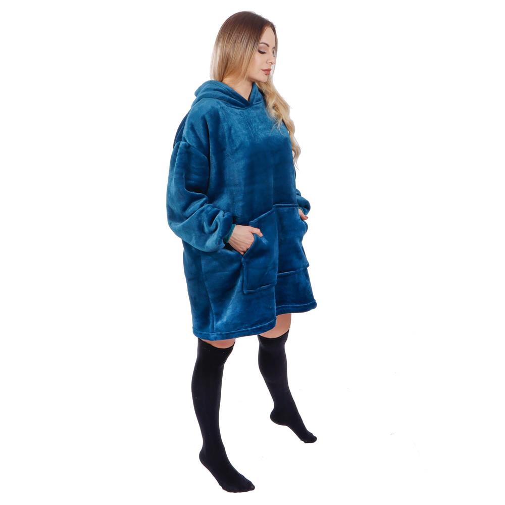 Patura tip hanorac, cu maneci, gluga si buzunare, material plus, marime universala, albastra Household NewTrend