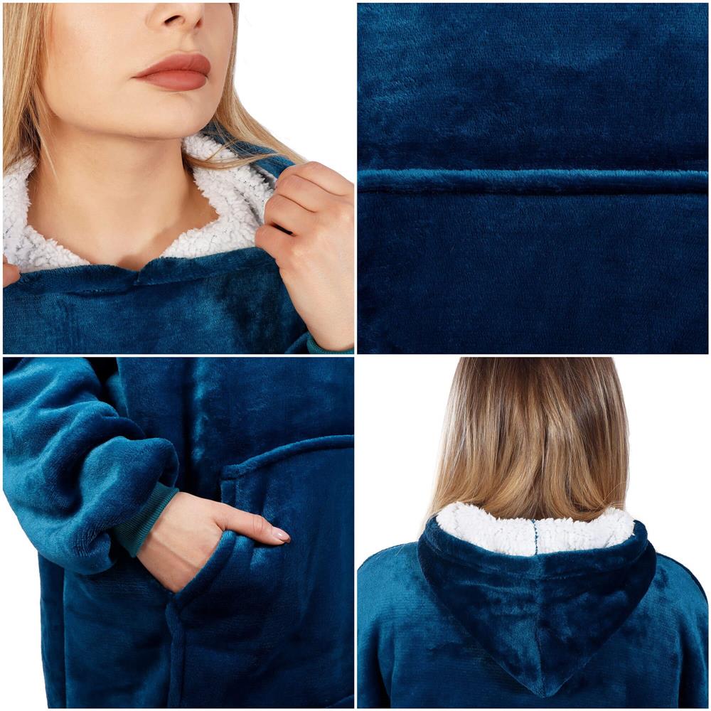 Patura tip hanorac, cu maneci, gluga si buzunare, material plus, marime universala, albastra Household NewTrend