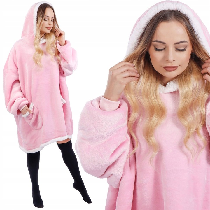 Patura tip hanorac, cu maneci, gluga si buzunare, material plus, marime universala, roz Household NewTrend