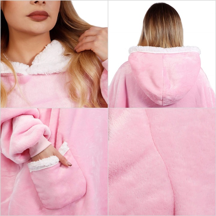 Patura tip hanorac, cu maneci, gluga si buzunare, material plus, marime universala, roz Household NewTrend