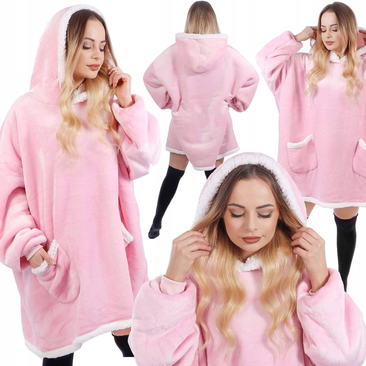 Patura tip hanorac, cu maneci, gluga si buzunare, material plus, marime universala, roz Household NewTrend