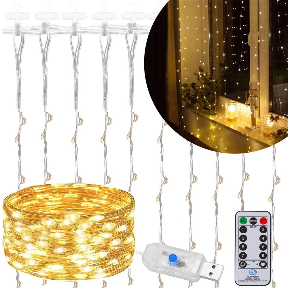 Ghirlanda luminoasa tip perdea 200 LED-uri, 2x2m, pentru interior, alimentare USB, alb cald (galben) Household NewTrend
