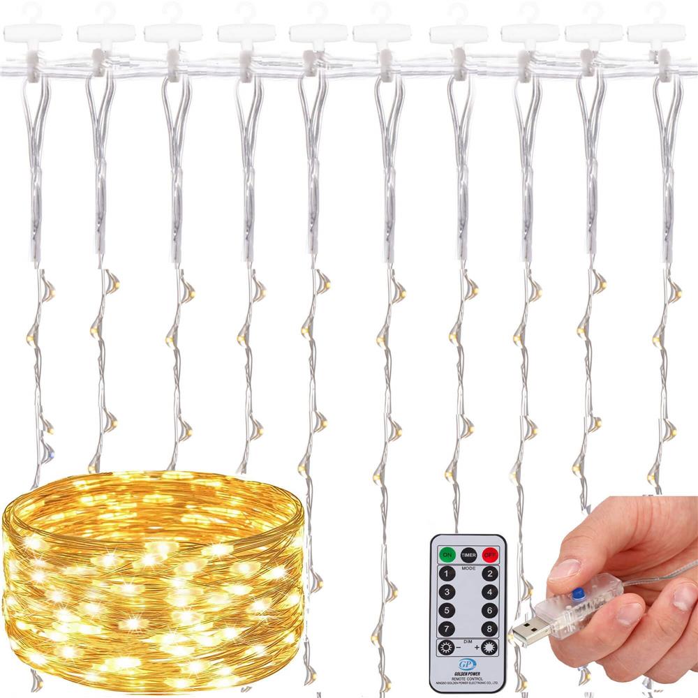 Ghirlanda luminoasa tip perdea 300 LED-uri, 3x3m, pentru interior, alimentare USB, alb cald (galben) Household NewTrend