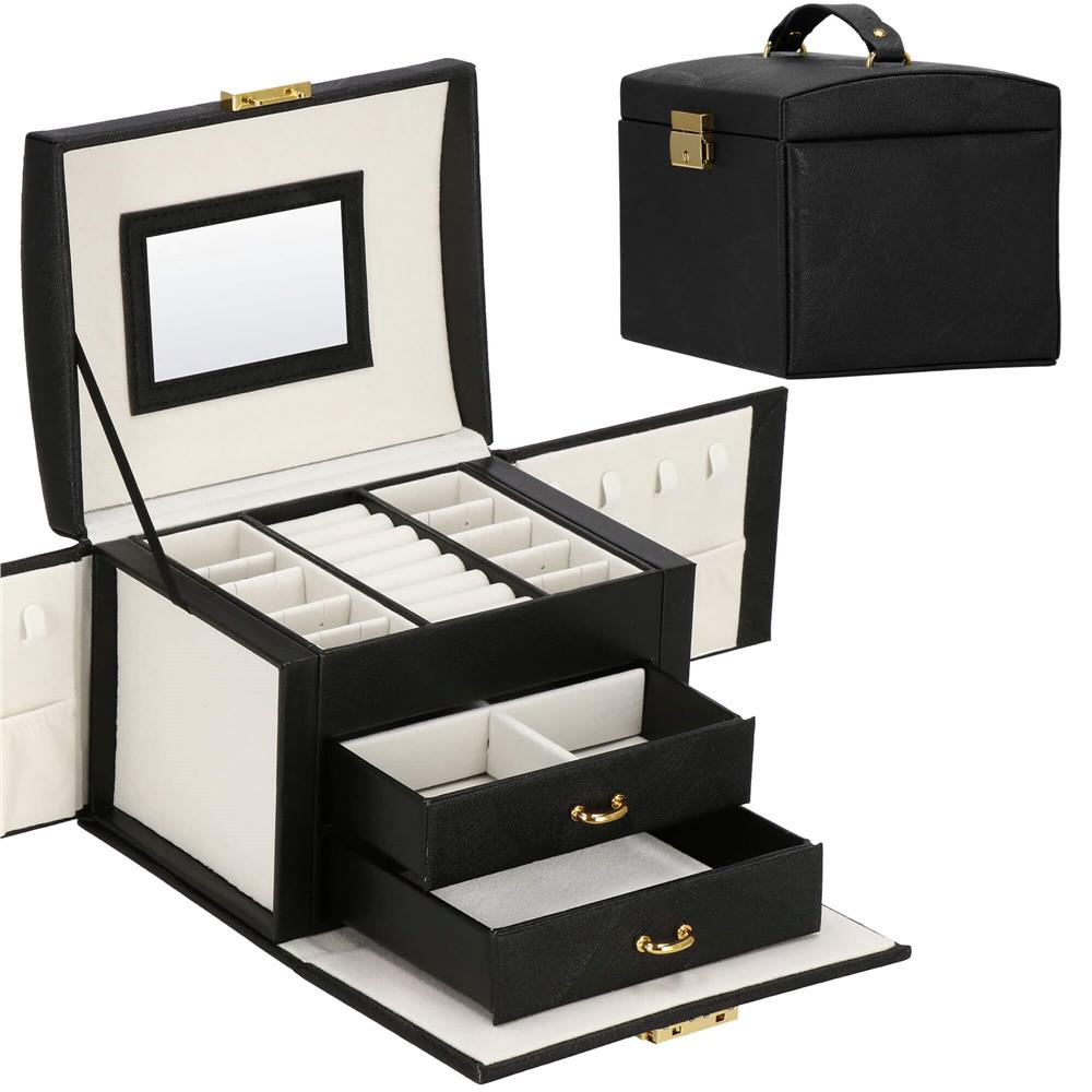 (DL) Cutie depozitare si organizare bijuterii, MDF, piele ecologica, 18 x 13,5 x 14cm, negru Household NewTrend