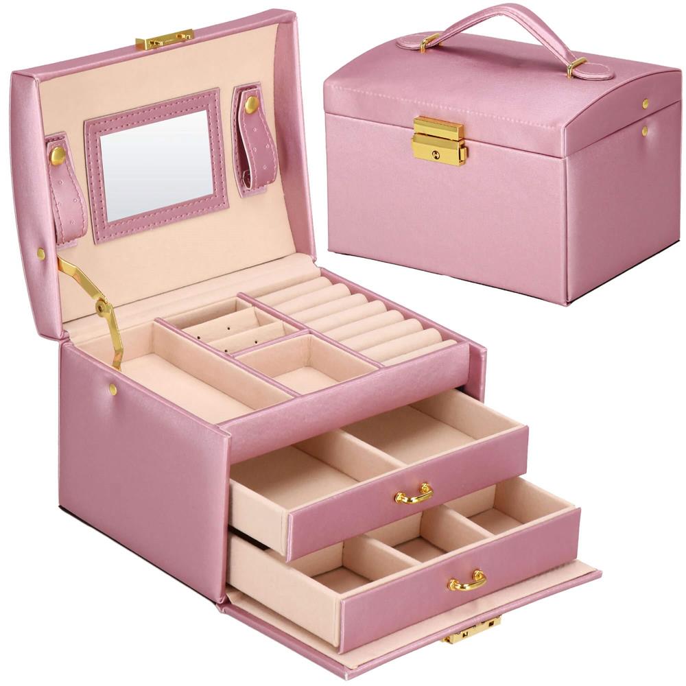 (DL) Cutie depozitare si organizare bijuterii, MDF, piele ecologica si velur, 17,5 x 14 x 12,5cm, roz Household NewTrend