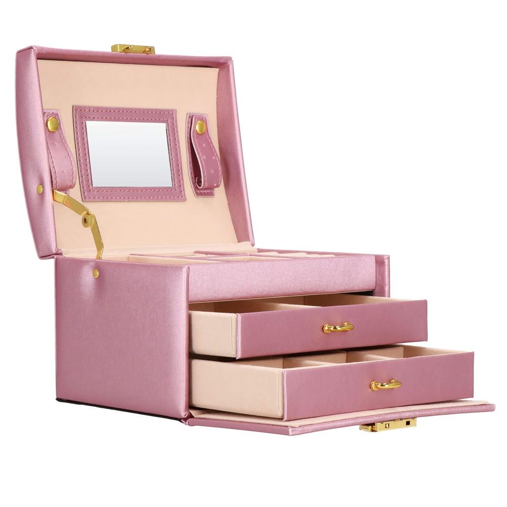 (DL) Cutie depozitare si organizare bijuterii, MDF, piele ecologica si velur, 17,5 x 14 x 12,5cm, roz Household NewTrend