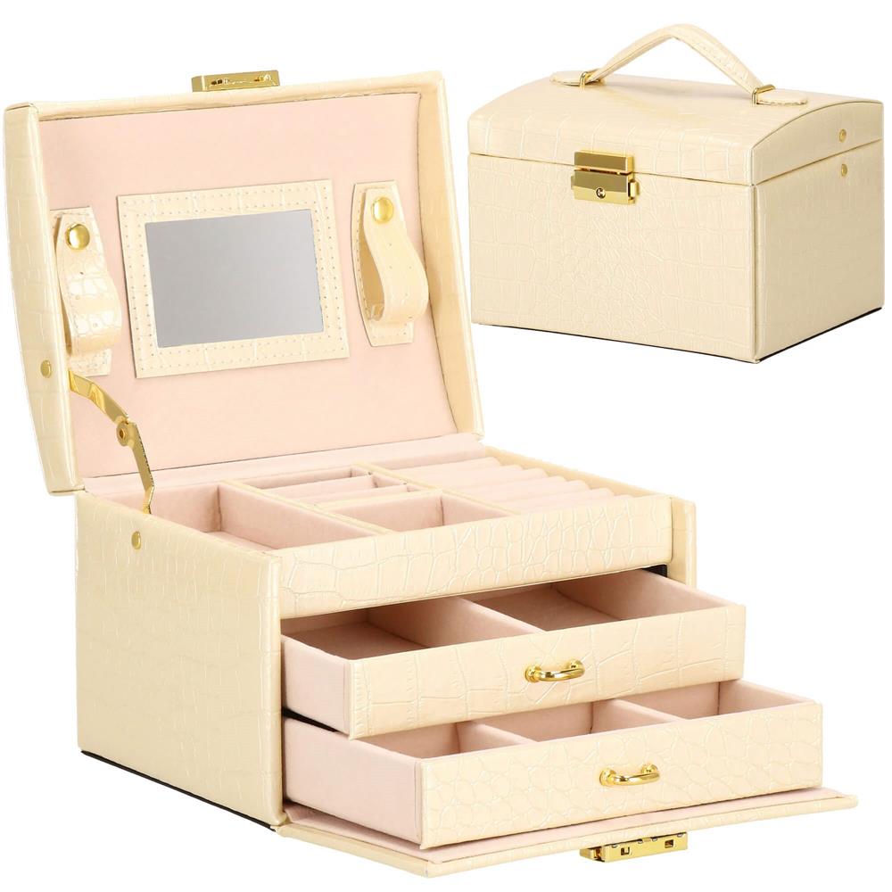 (DL) Cutie depozitare si organizare bijuterii, MDF, piele ecologica si velur, 17,5 x 14 x 12,5cm, crem Household NewTrend