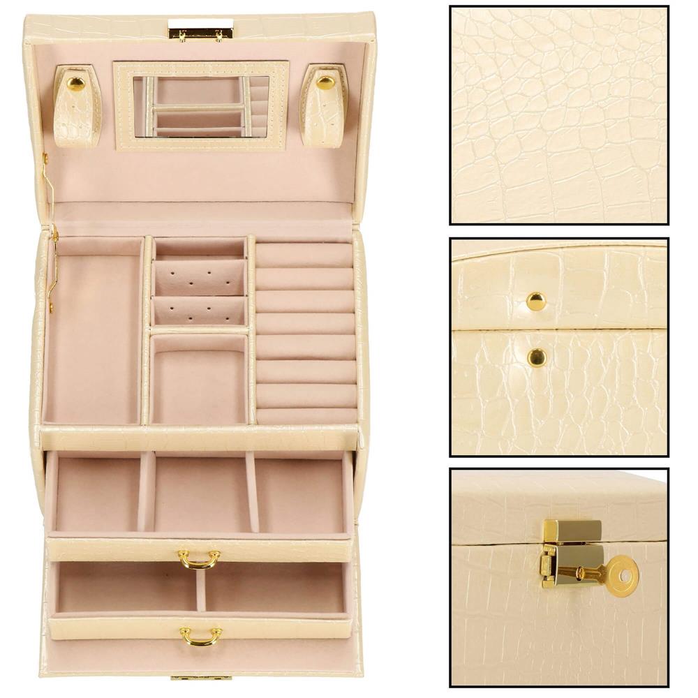 (DL) Cutie depozitare si organizare bijuterii, MDF, piele ecologica si velur, 17,5 x 14 x 12,5cm, crem Household NewTrend