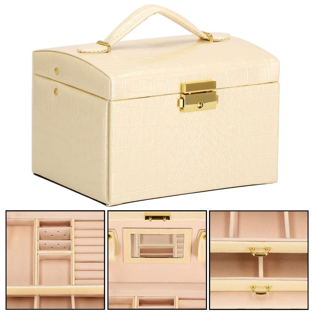 (DL) Cutie depozitare si organizare bijuterii, MDF, piele ecologica si velur, 17,5 x 14 x 12,5cm, crem Household NewTrend