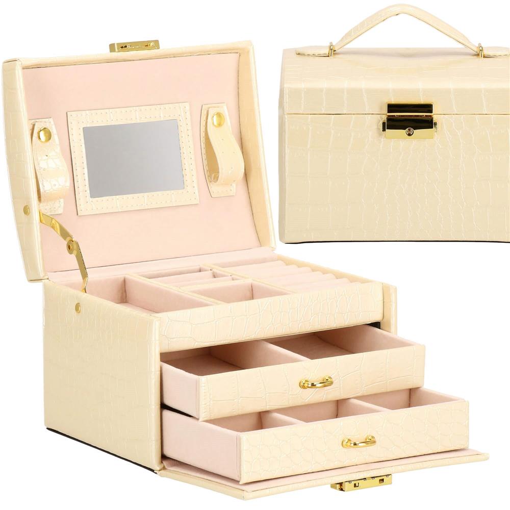 (DL) Cutie depozitare si organizare bijuterii, MDF, piele ecologica si velur, 17,5 x 14 x 12,5cm, crem Household NewTrend