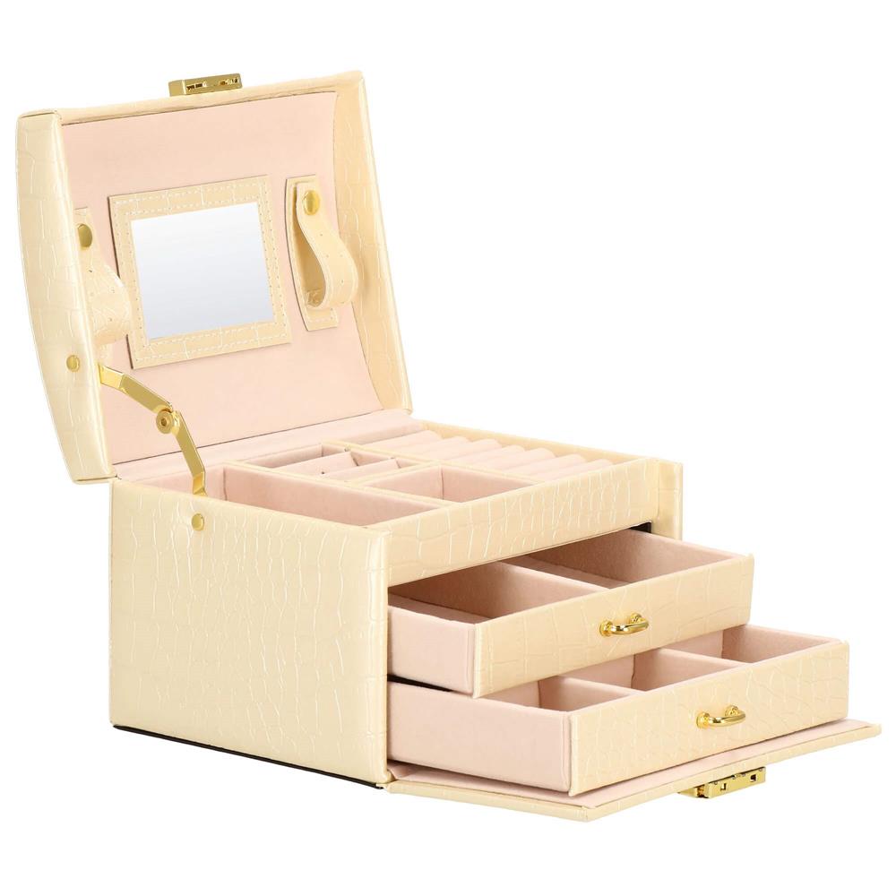 (DL) Cutie depozitare si organizare bijuterii, MDF, piele ecologica si velur, 17,5 x 14 x 12,5cm, crem Household NewTrend