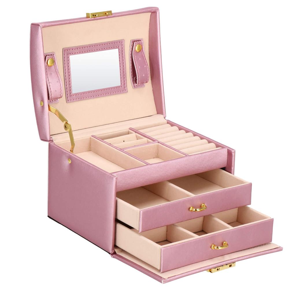 (DL) Cutie depozitare si organizare bijuterii, MDF, piele ecologica si velur, 17,5 x 14 x 12,5cm, roz Household NewTrend