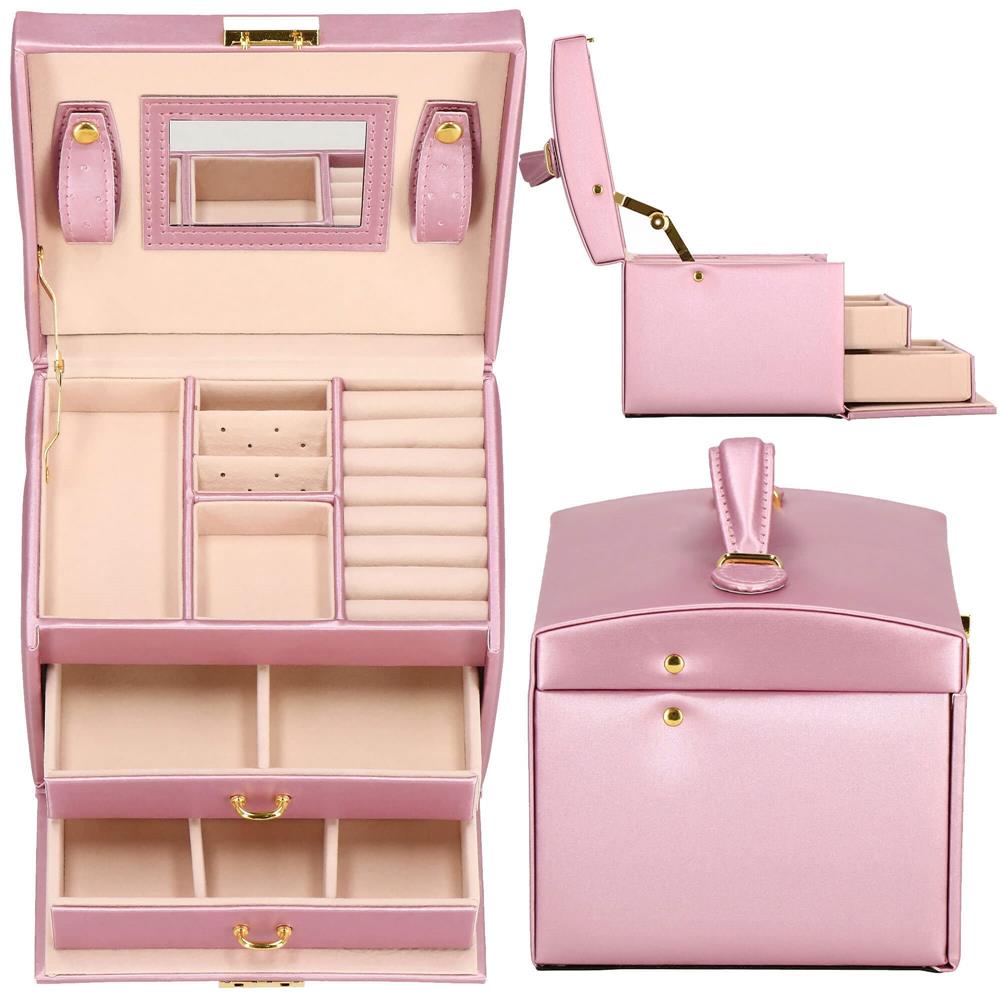 (DL) Cutie depozitare si organizare bijuterii, MDF, piele ecologica si velur, 17,5 x 14 x 12,5cm, roz Household NewTrend