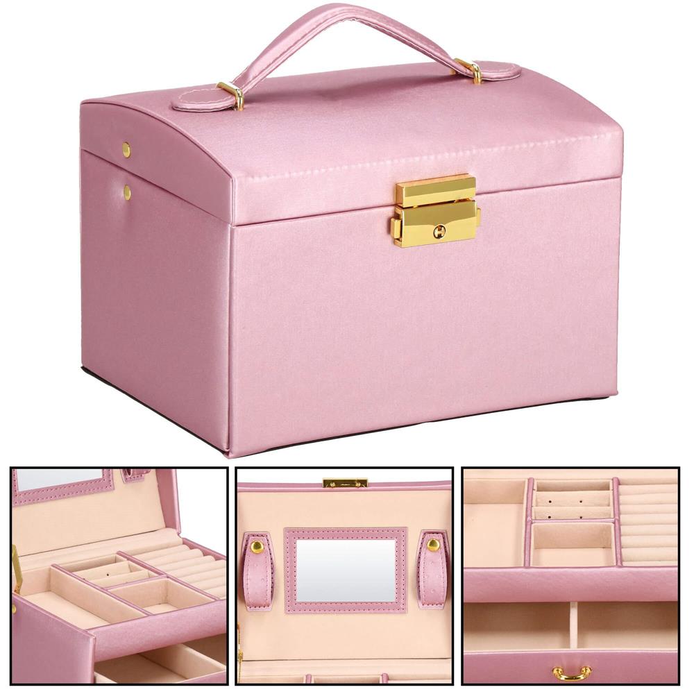 (DL) Cutie depozitare si organizare bijuterii, MDF, piele ecologica si velur, 17,5 x 14 x 12,5cm, roz Household NewTrend
