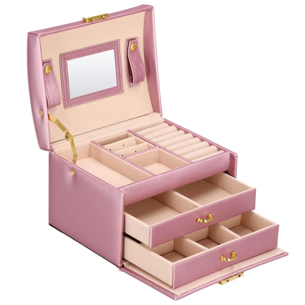 (DL) Cutie depozitare si organizare bijuterii, MDF, piele ecologica si velur, 17,5 x 14 x 12,5cm, roz Household NewTrend