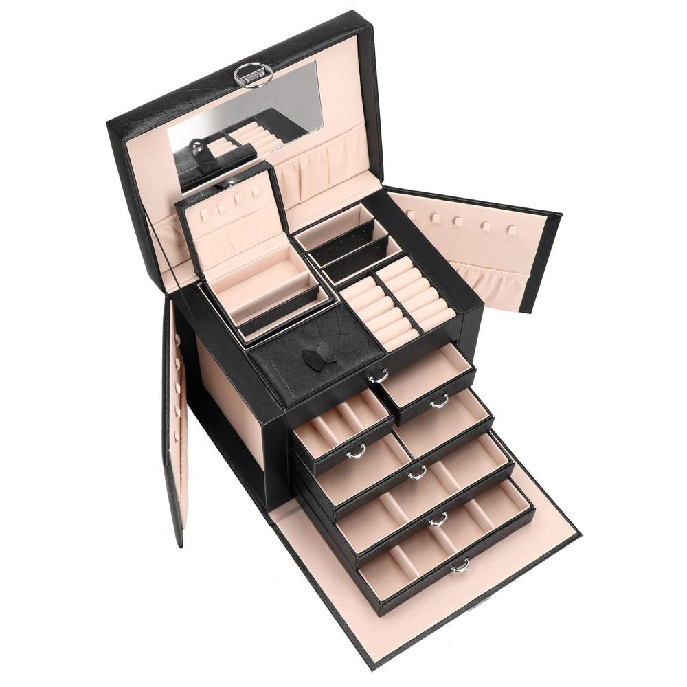 Cutie depozitare si organizare bijuterii, piele ecologica + velur, 26 x 21,5 x 19 cm, negru Household NewTrend