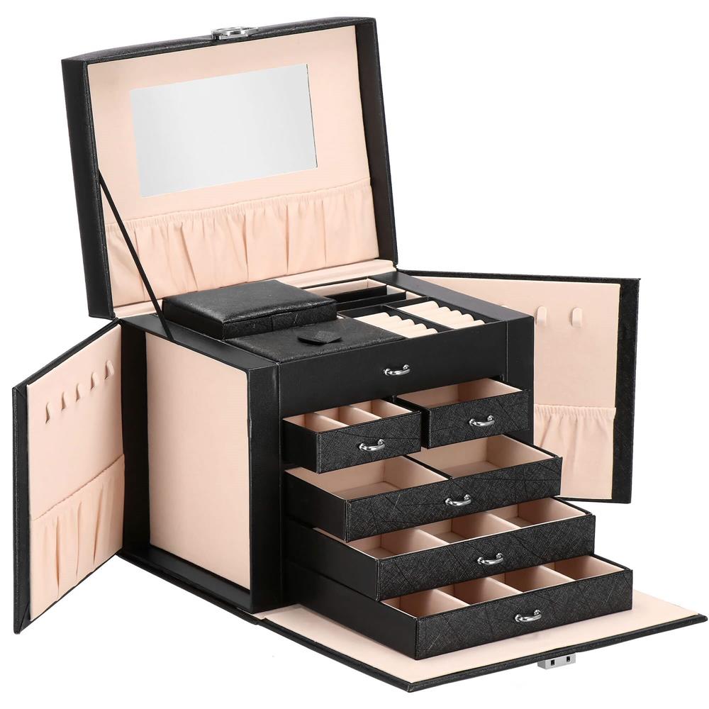 Cutie depozitare si organizare bijuterii, piele ecologica + velur, 26 x 21,5 x 19 cm, negru Household NewTrend