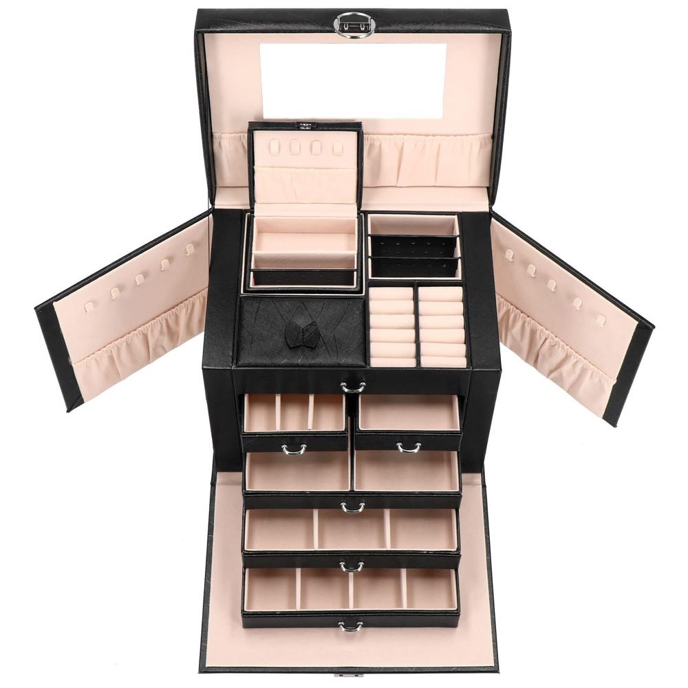 Cutie depozitare si organizare bijuterii, piele ecologica + velur, 26 x 21,5 x 19 cm, negru Household NewTrend