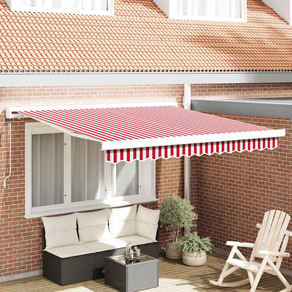 Umbra de soare retractabilă manuală cu dungi roșii și albe 350x250 cm GartenMobel Dekor