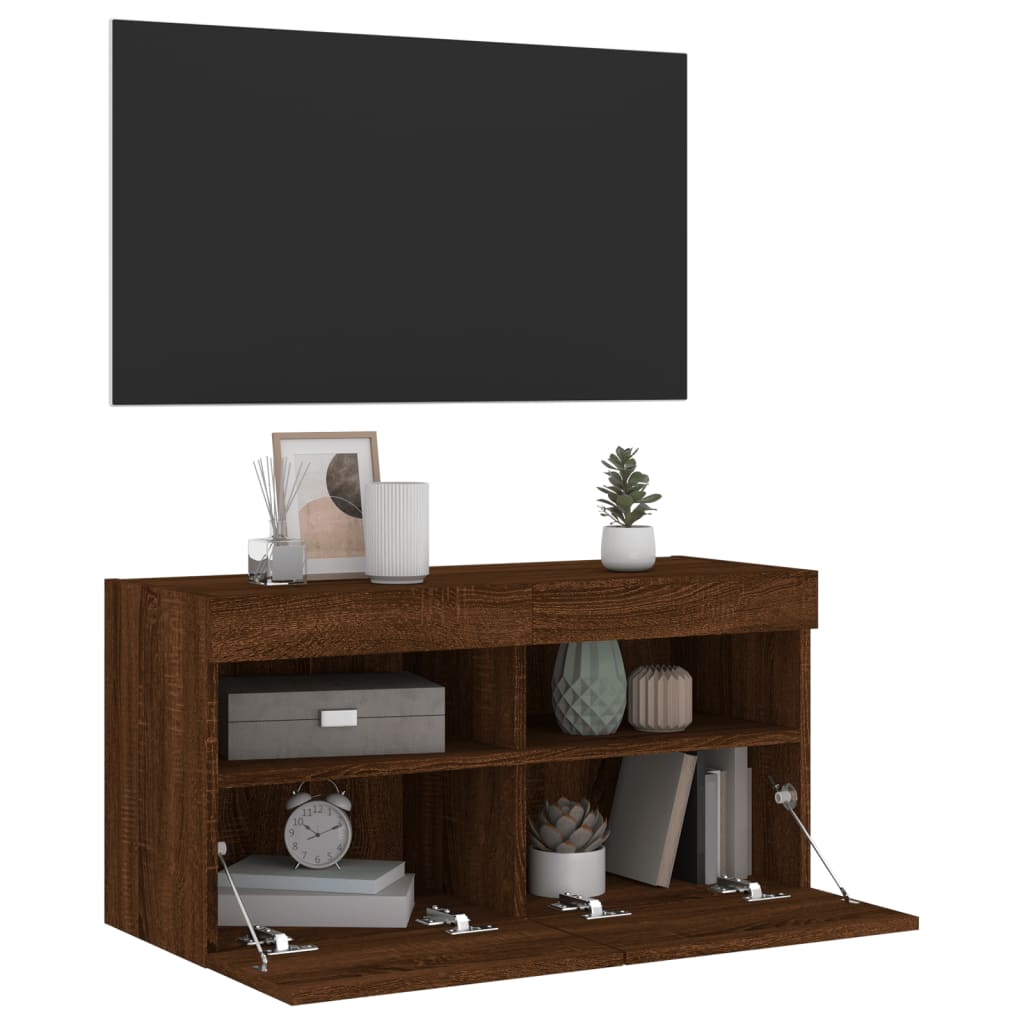 Comodă TV de perete cu lumini LED, stejar maro, 80x30x40 cm GartenMobel Dekor