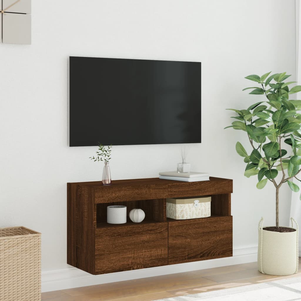 Comodă TV de perete cu lumini LED, stejar maro, 80x30x40 cm GartenMobel Dekor