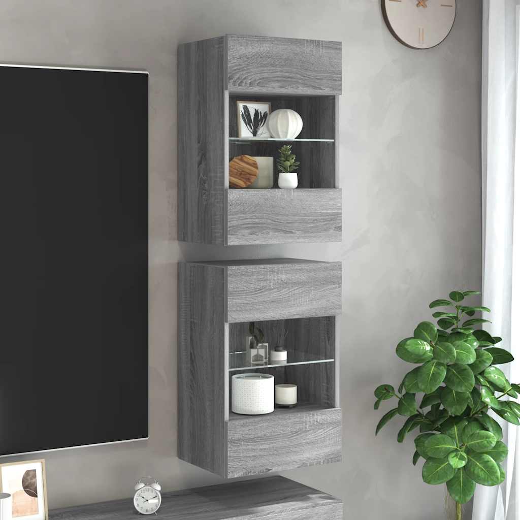 Comode de perete cu lumini LED pentru TV, 2 buc, gri sonoma, 40x30x60,5 cm GartenMobel Dekor