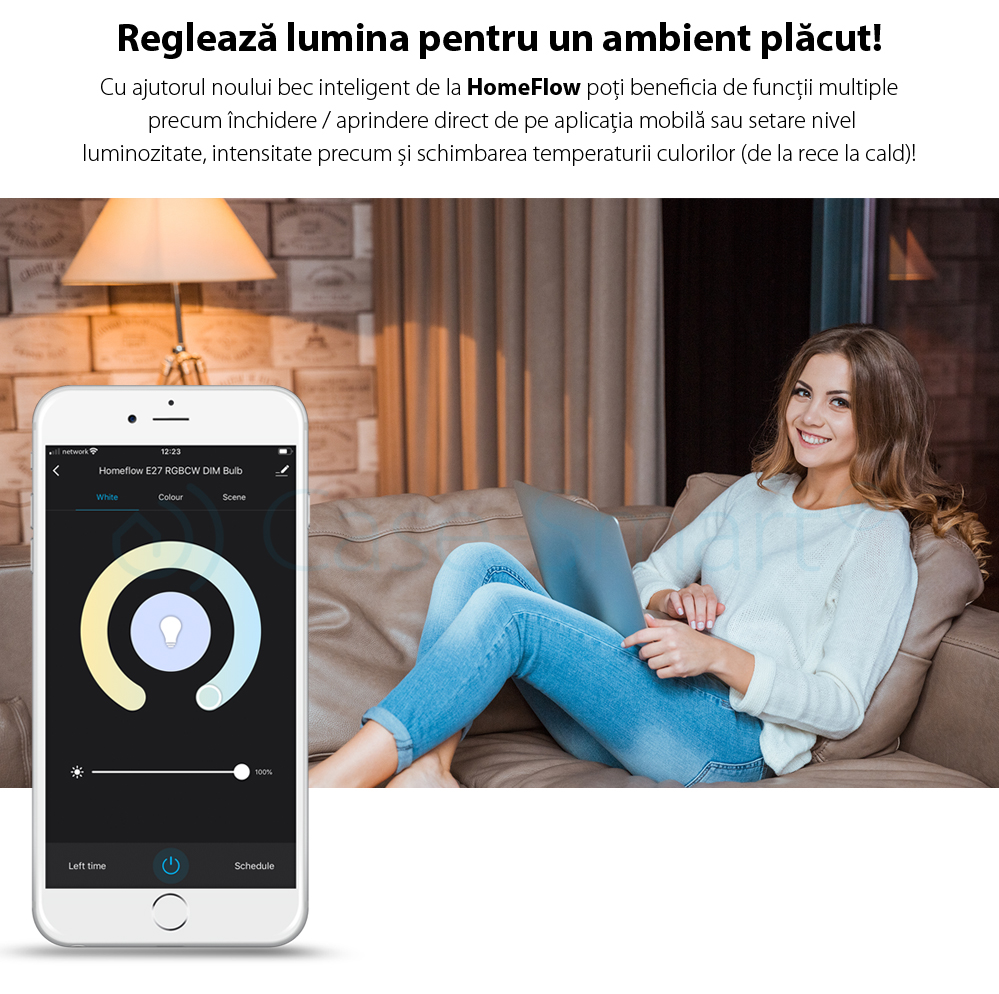 Bec inteligent LED Wireless Homeflow B-5003, E14, 5W, 400lm, dimabil, lumina calda/ rece, Control de pe telefonul mobil SmartElectro IntelligentHouse