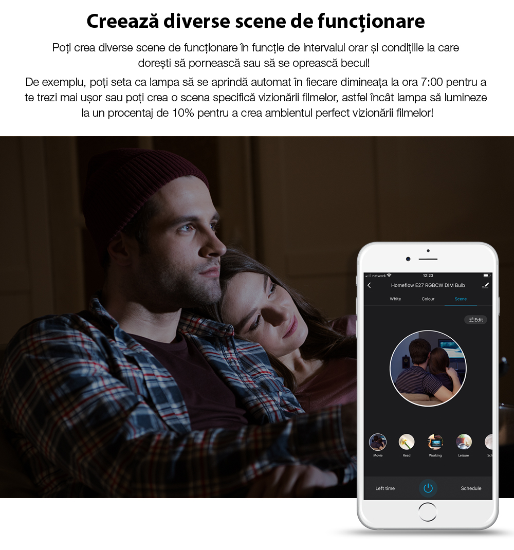 Bec inteligent LED Wireless Homeflow B-5003, E14, 5W, 400lm, dimabil, lumina calda/ rece, Control de pe telefonul mobil SmartElectro IntelligentHouse