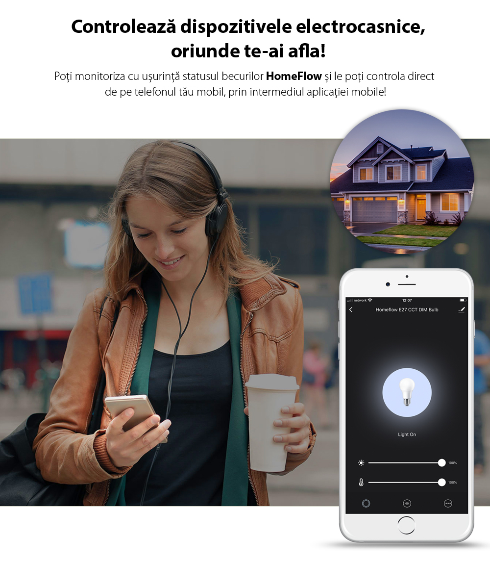 Bec inteligent LED Wireless Homeflow B-5003, E14, 5W, 400lm, dimabil, lumina calda/ rece, Control de pe telefonul mobil SmartElectro IntelligentHouse