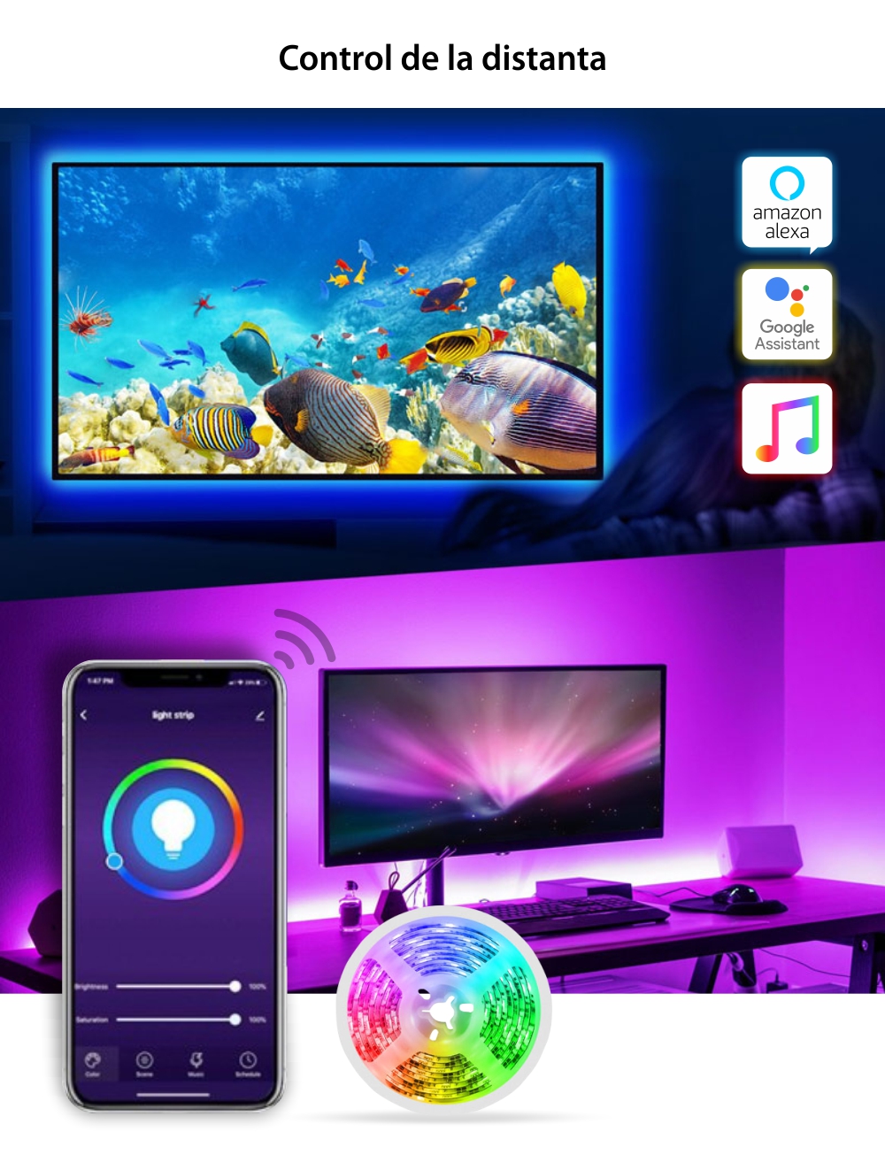 Kit Banda LED Smart NiteBird SL1, Wi-Fi, 2.8 Metri, Control prin aplicatie, Control vocal SmartElectro IntelligentHouse