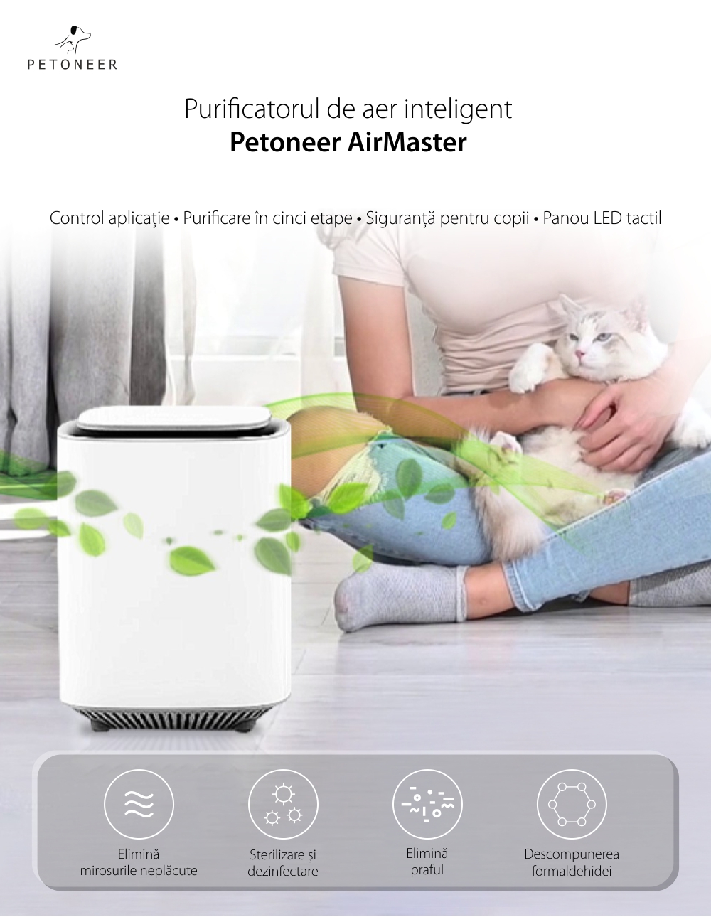 Purificator de aer inteligent Petoneer AirMaster, Panou LED, Wireless, Control aplicatie SmartElectro IntelligentHouse