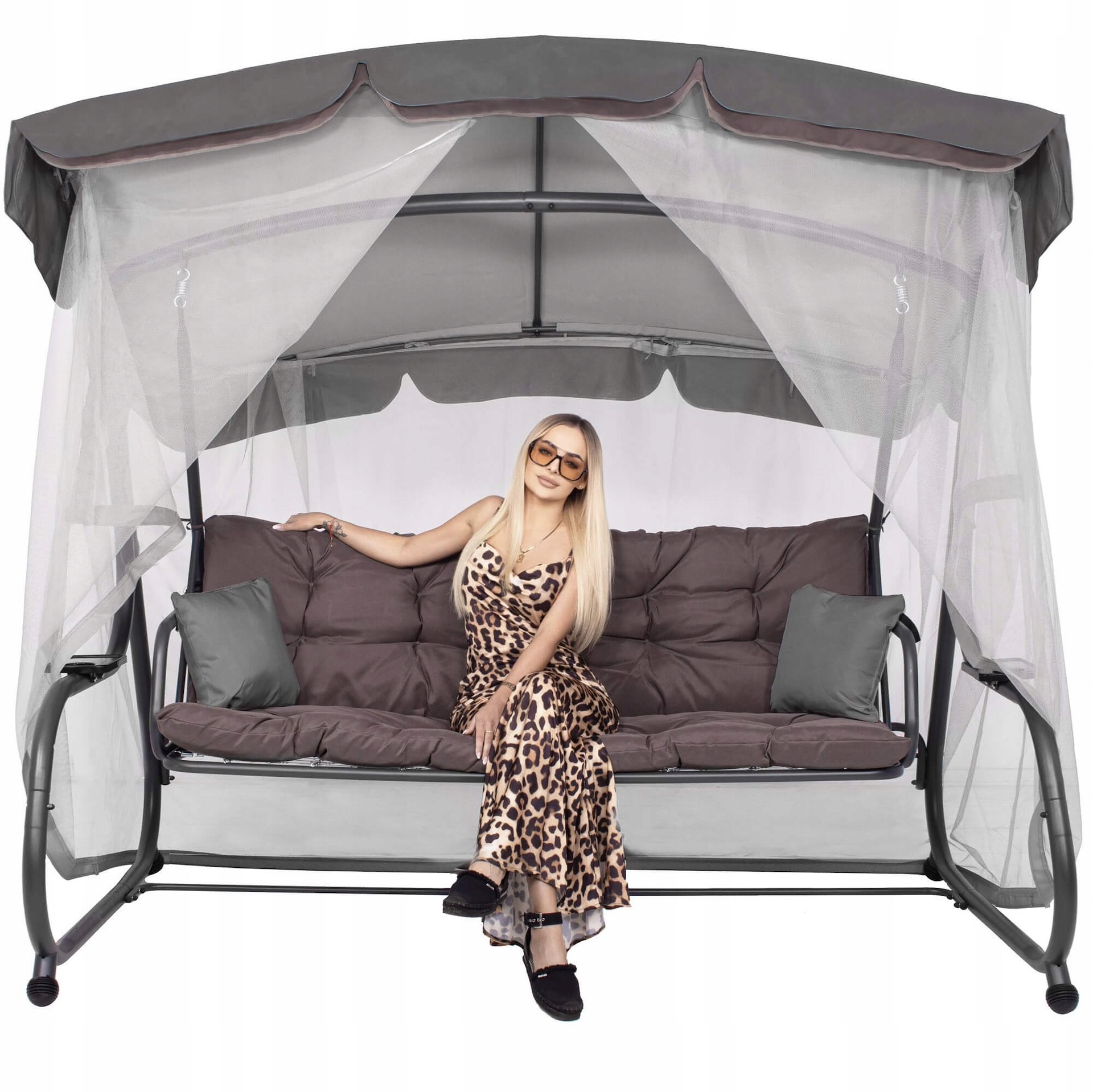 Balansoar gradina 226x126x192 cm, 3 in 1 leagan, pat si relaxare, cu plasa anti-insecte, copertina reglabila, saltea si perne incluse, gri si maro Household NewTrend