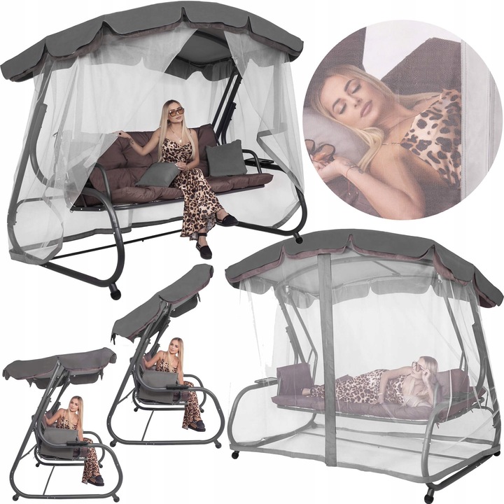Balansoar gradina 226x126x192 cm, 3 in 1 leagan, pat si relaxare, cu plasa anti-insecte, copertina reglabila, saltea si perne incluse, gri si maro Household NewTrend