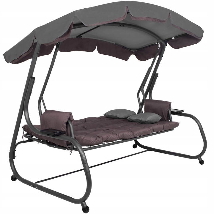 Balansoar gradina 226x126x192 cm, 3 in 1 leagan, pat si relaxare, cu plasa anti-insecte, copertina reglabila, saltea si perne incluse, gri si maro Household NewTrend