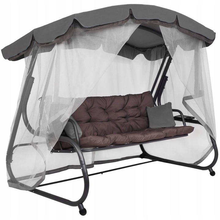 Balansoar gradina 226x126x192 cm, 3 in 1 leagan, pat si relaxare, cu plasa anti-insecte, copertina reglabila, saltea si perne incluse, gri si maro Household NewTrend