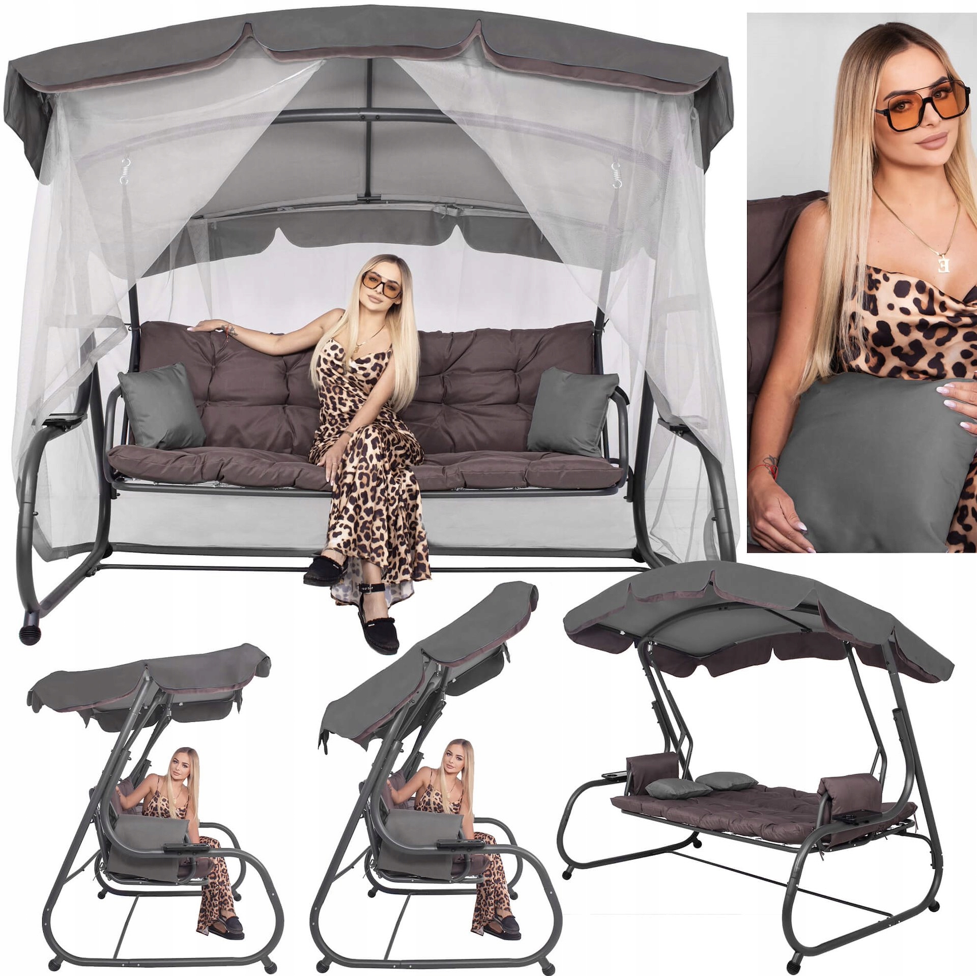 Balansoar gradina 226x126x192 cm, 3 in 1 leagan, pat si relaxare, cu plasa anti-insecte, copertina reglabila, saltea si perne incluse, gri si maro Household NewTrend