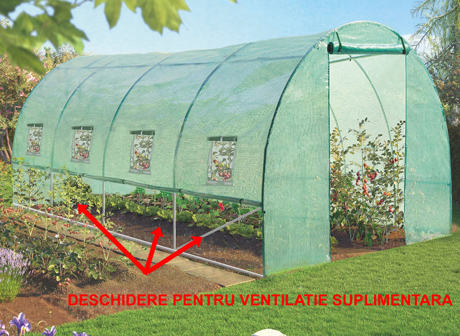 Sera de gradina, tip tunel cu cadru metalic, 300x600cm, verde, 18mp (ventilatie suplimentara) Household NewTrend
