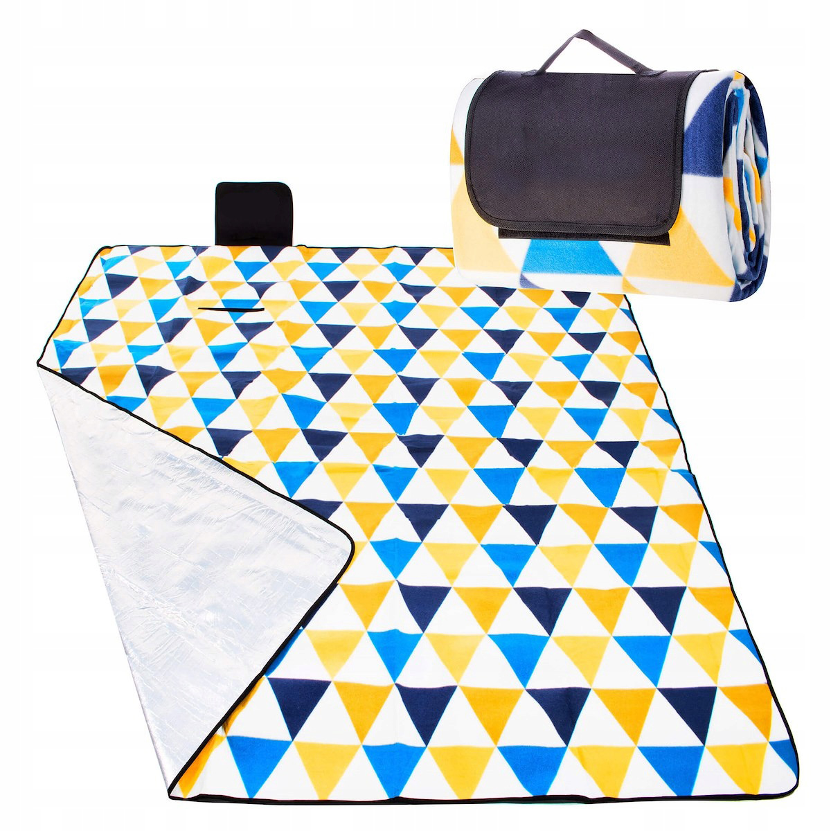 Patura pentru picnic sau plaja, cu folie izolatoare si maner, 200x200cm, albastru galben Household NewTrend