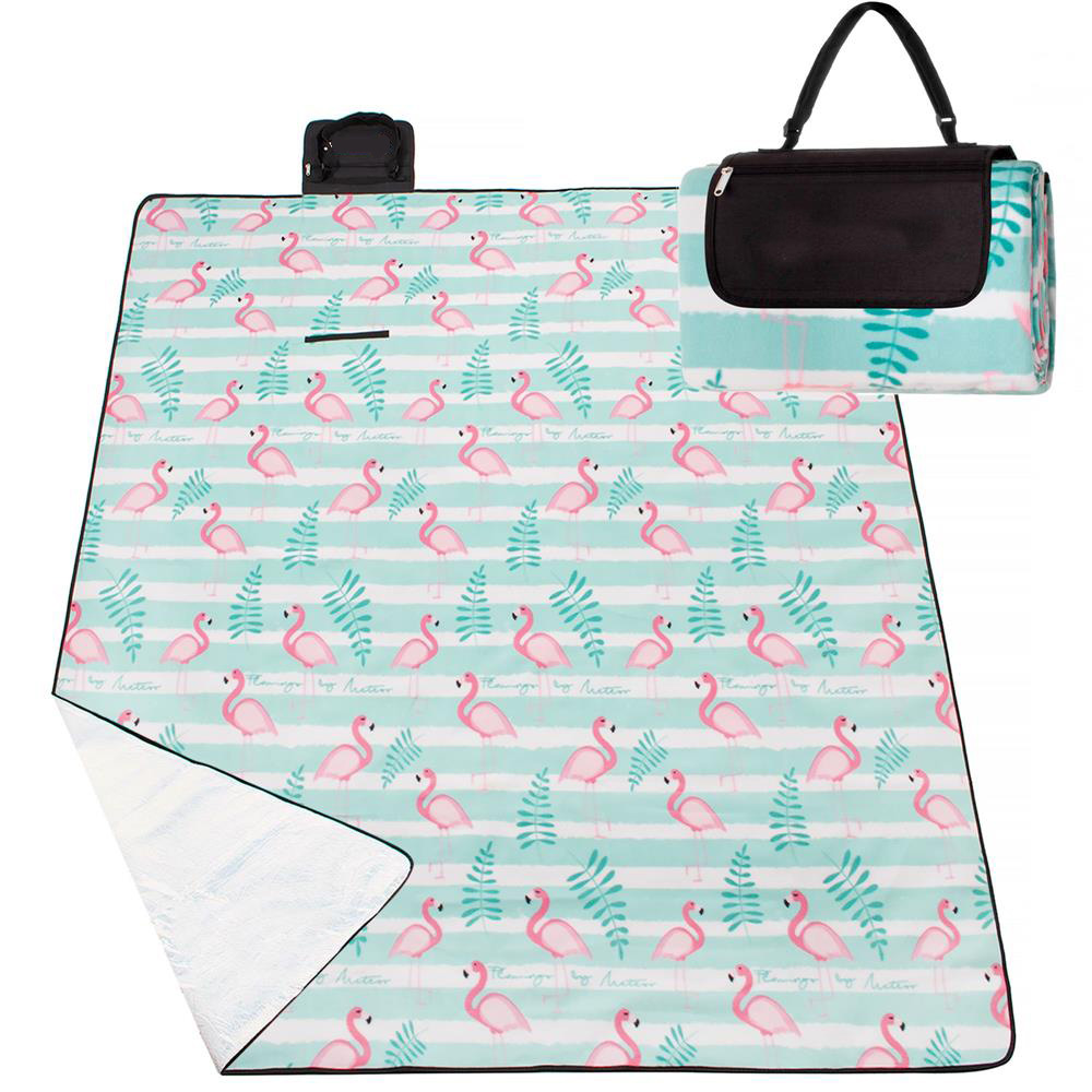 Patura pentru picnic sau plaja, cu folie izolatoare si maner, 200x200cm, flamingo, verde roz Household NewTrend