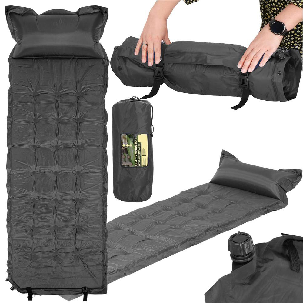 Saltea plabila cu perna din spuma poliuretanica, cu autoumflare, 193x68x3.5cm, gri Household NewTrend