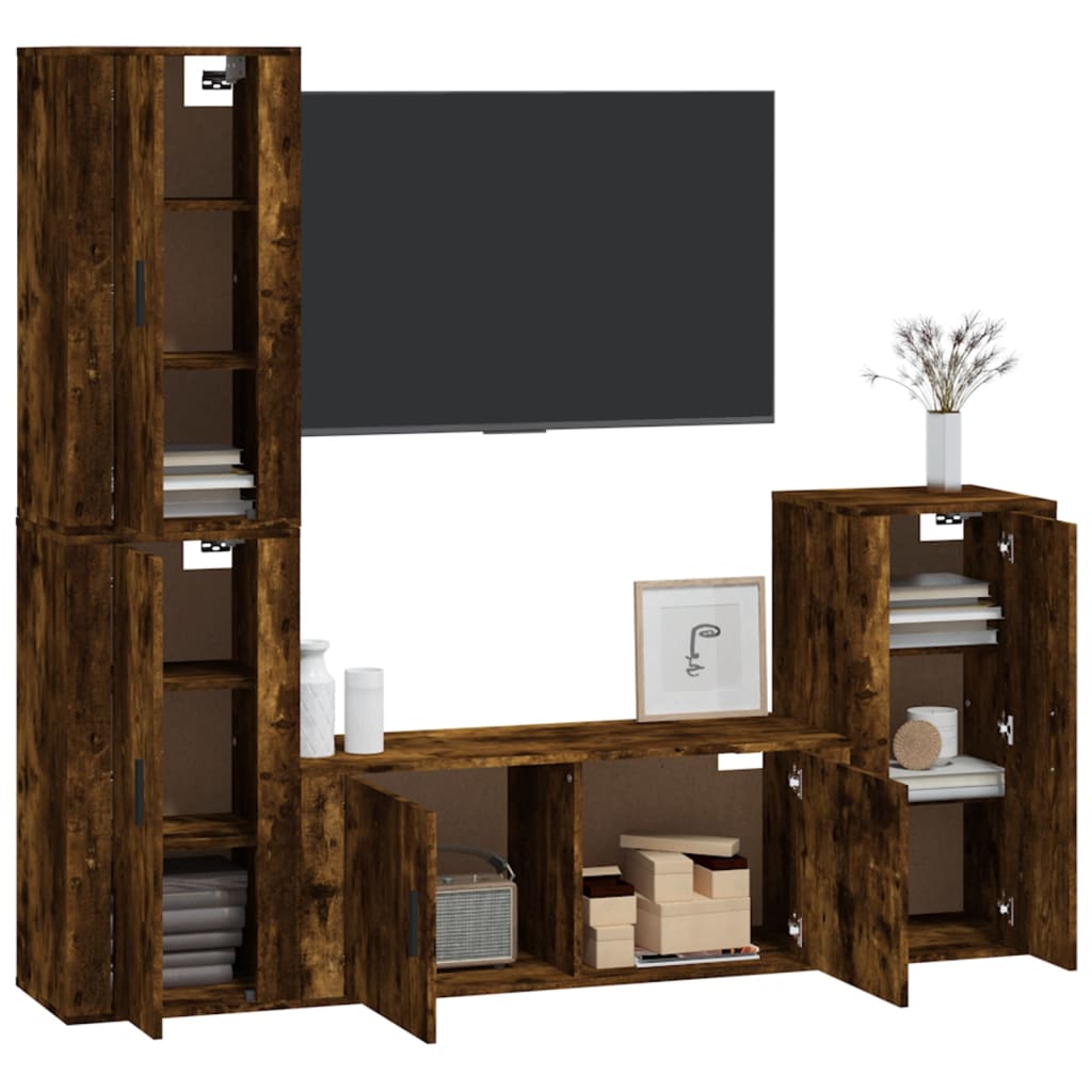 Set dulapuri TV, 4 piese, stejar fumuriu, lemn prelucrat GartenMobel Dekor