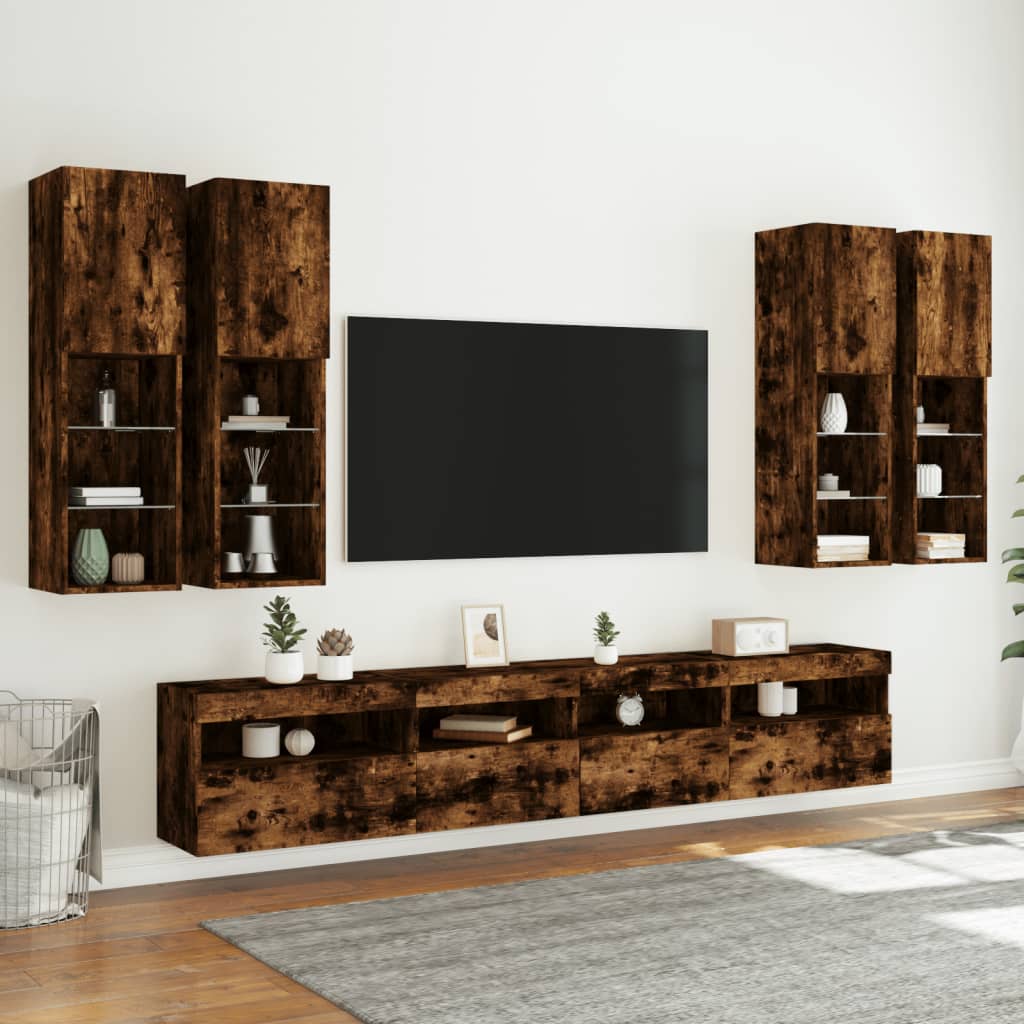 Comode TV de perete cu lumini LED, 7 piese, stejar fumuriu GartenMobel Dekor